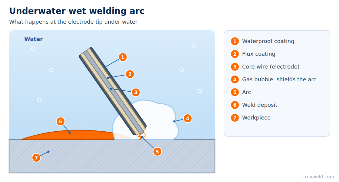 Underwater wet welding arc with waterproof electrode coating and gas bubble