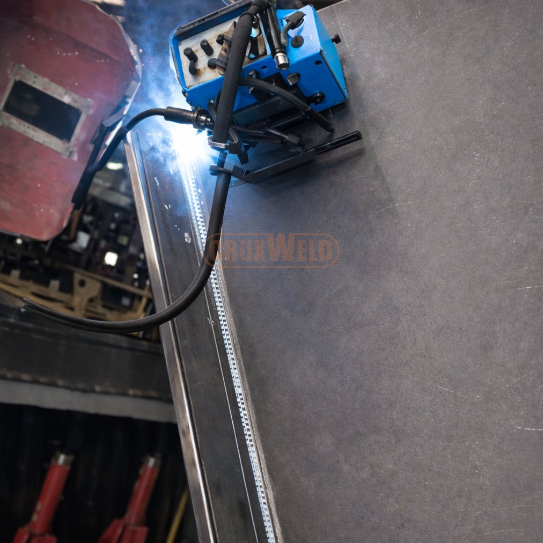 Dynex 5M welding carriage welding along a steel joint with the arc lit