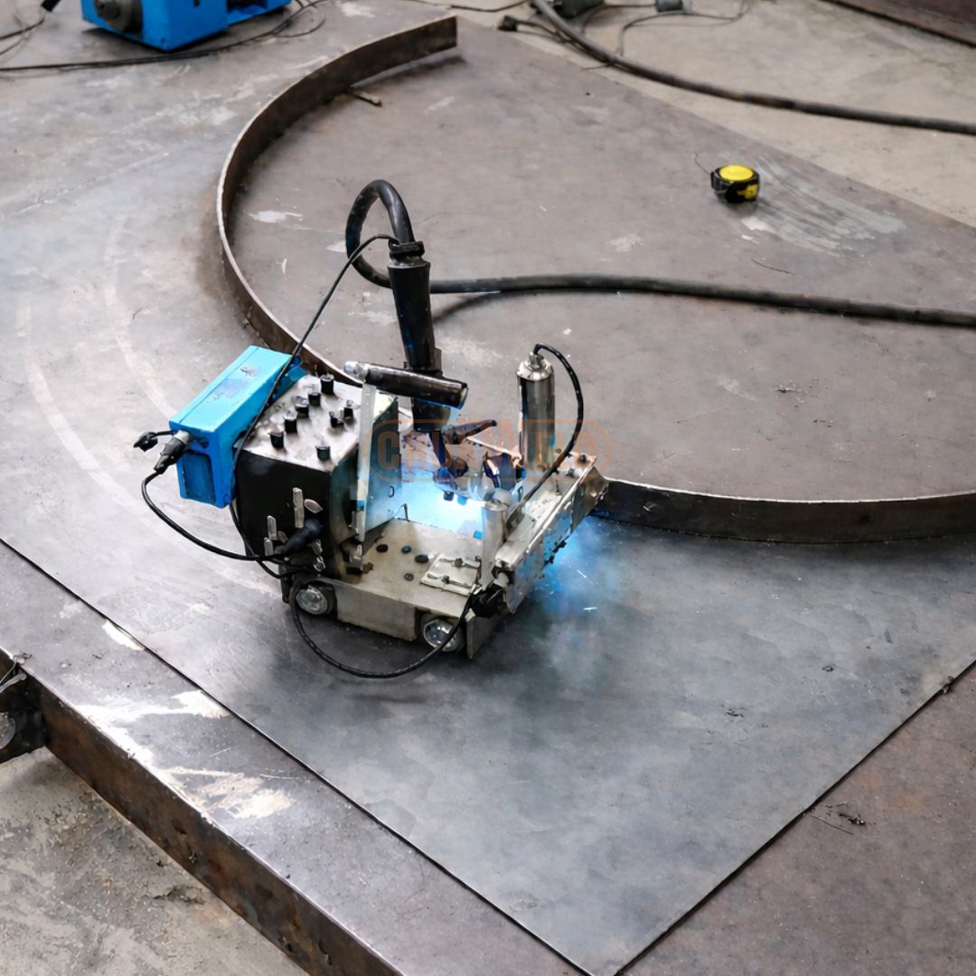 Dynex 5M trackless welding carriage welding a curved joint