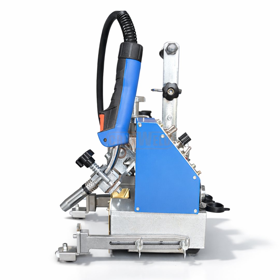 WeldyFi fillet welding carriage with MIG torch fitted in the quick-attach clamp