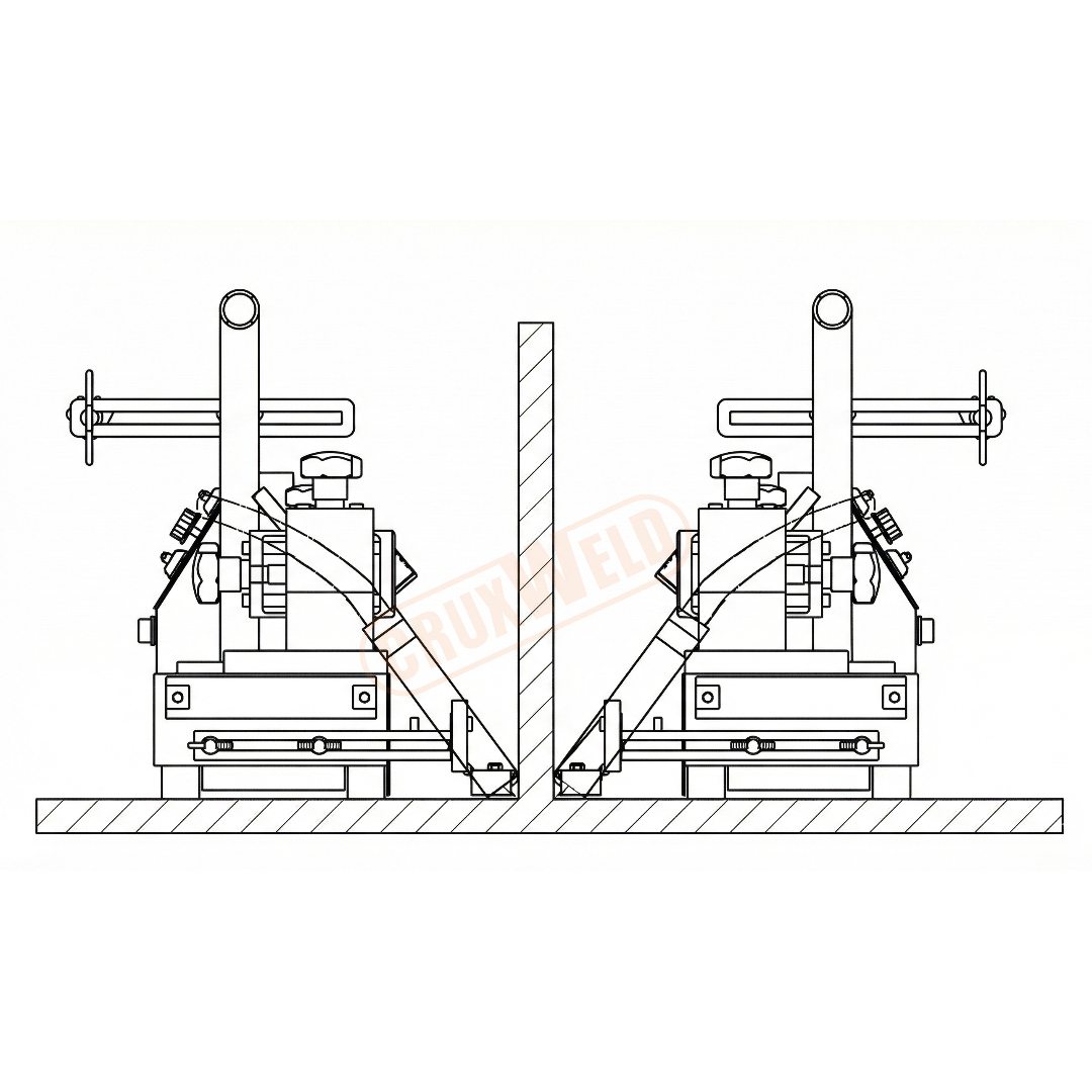 Drawing of WeldyFi fillet welding carriages welding both sides of a vertical web plate
