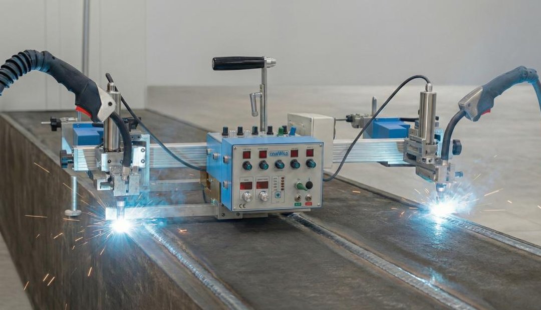 DynaTwin 200M welding both corner seams of a steel beam with two torches