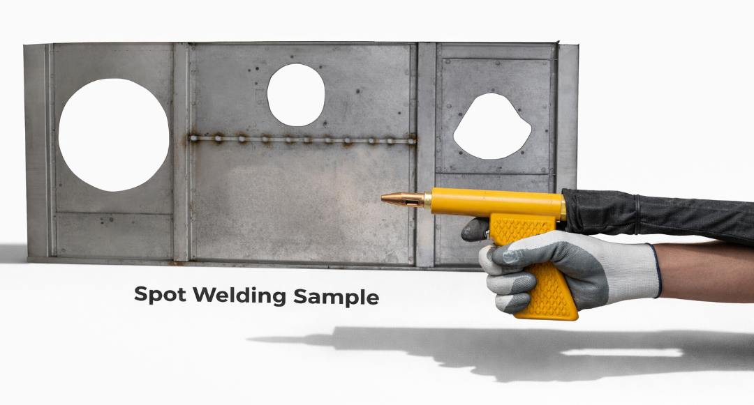 Row of spot welds on sheet metal made with the DuoFlex 20K