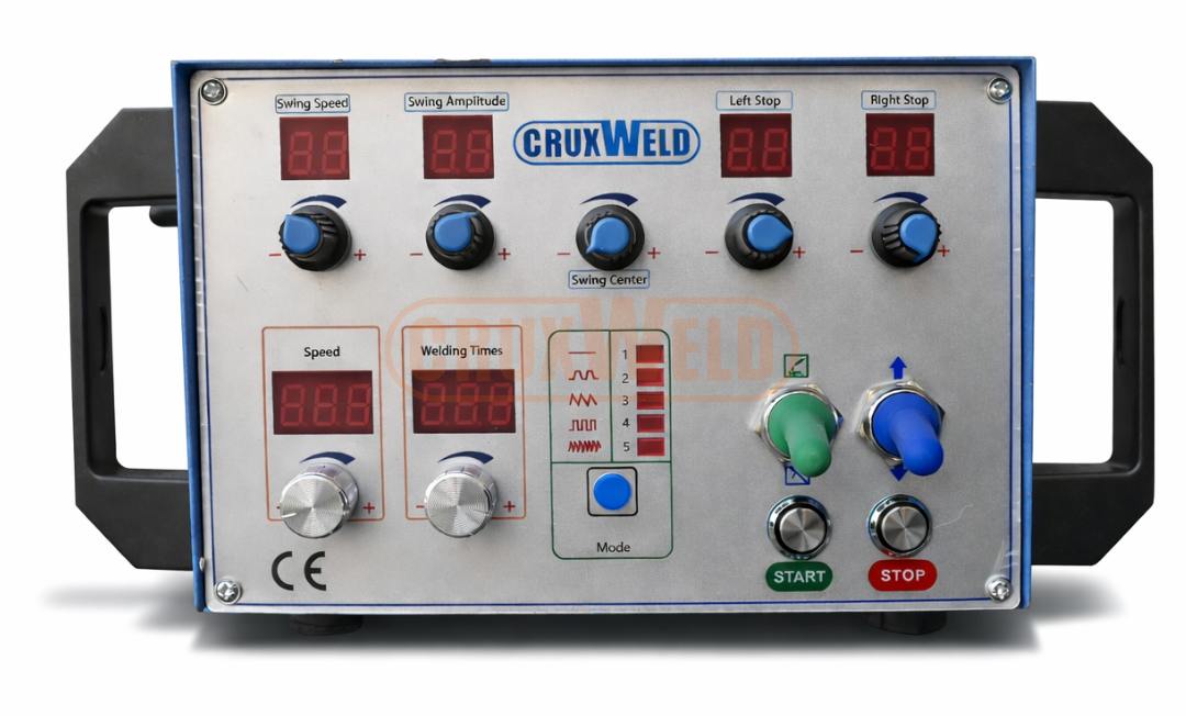 WeldOrbit 360 remote control box with weave mode selector, swing speed, amplitude, stop times and travel speed