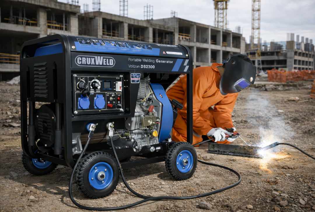 Welding a steel section on a construction site with the Voltzen DS2300