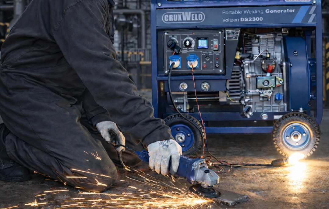 Grinding a weld with power from the Voltzen DS2300 auxiliary AC socket