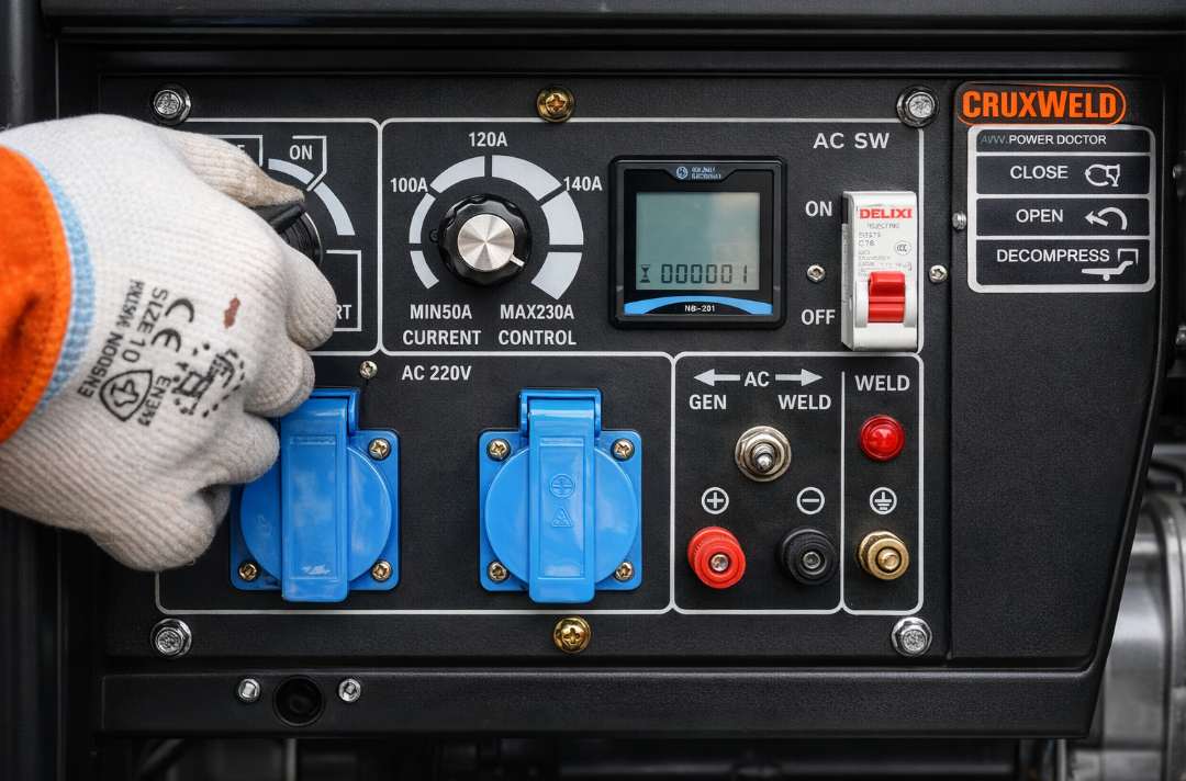 Operator setting the welding current on the Voltzen DS2300 control panel
