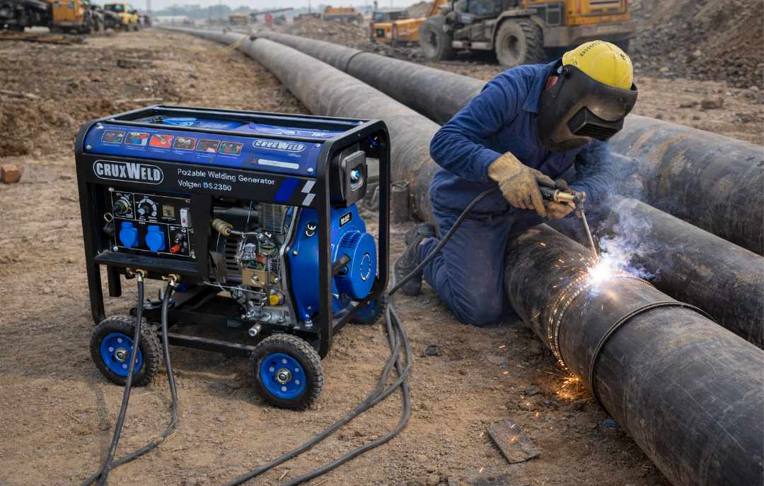 Stick welding a pipeline joint with the Voltzen DS2300 portable welding generator