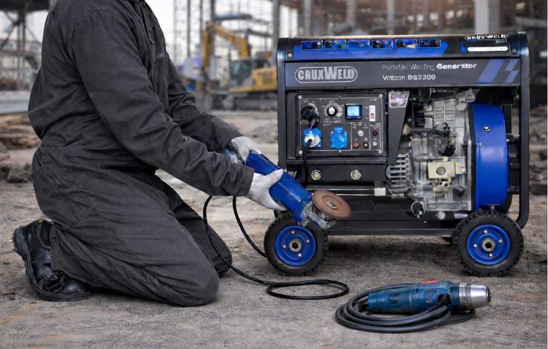 Plugging a power tool into the Voltzen DS2300 220 V socket on a construction site