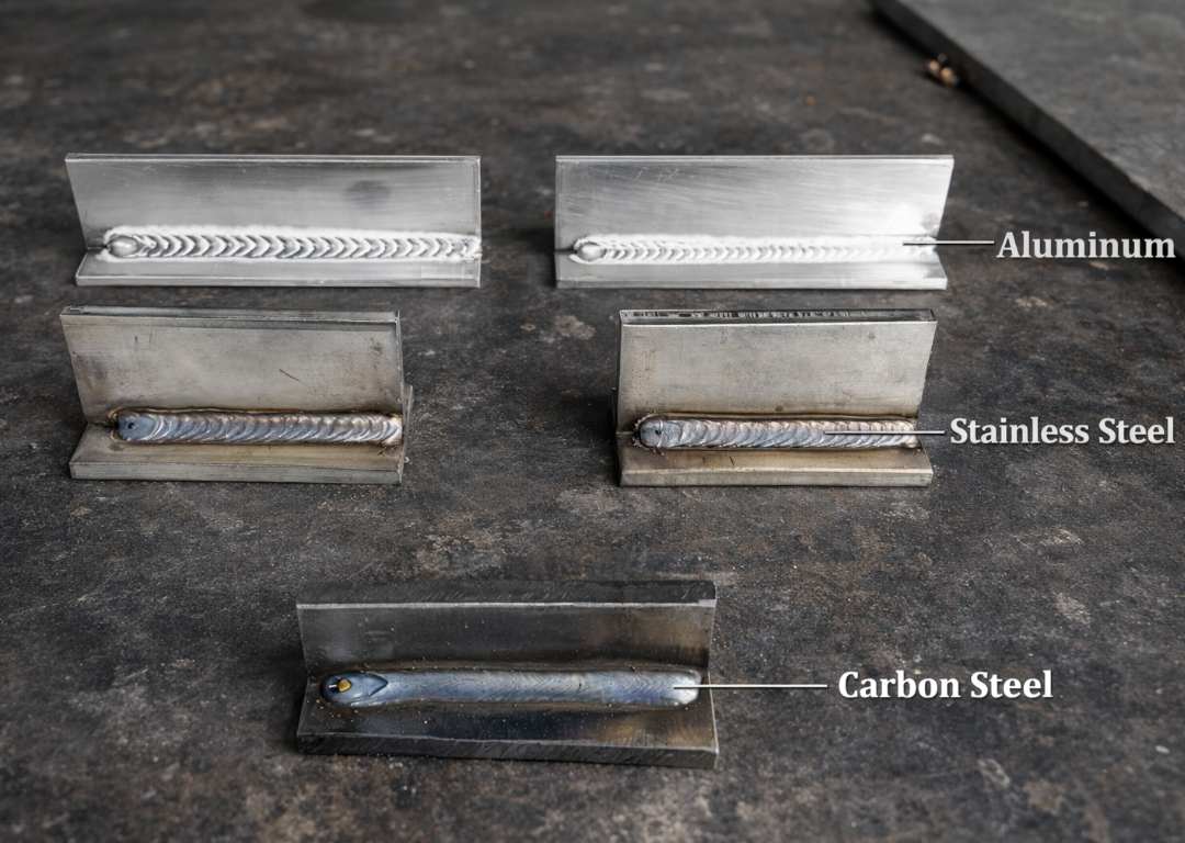 MIG welds on aluminium, stainless steel and carbon steel