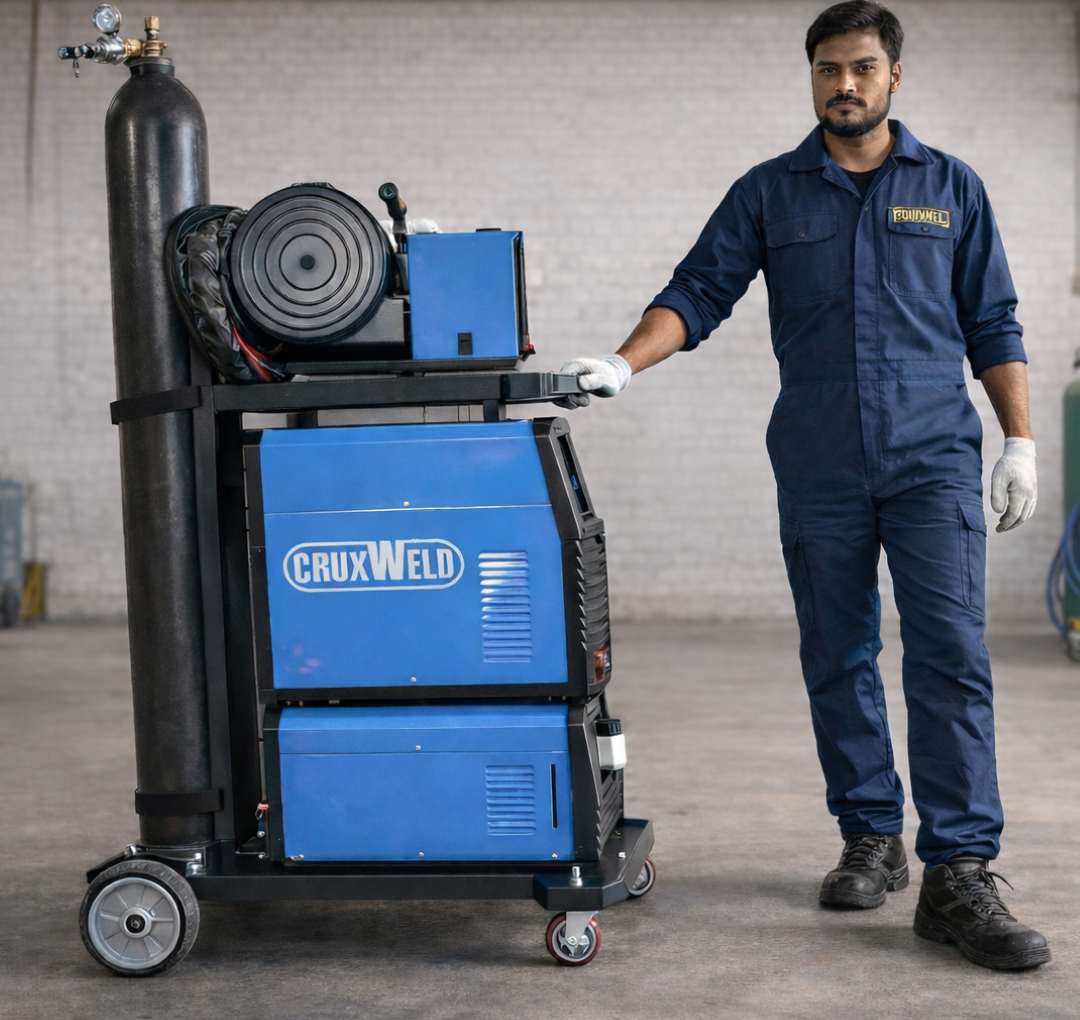 Welder standing next to the CRUXWELD CWMIG500P water cooled MIG welding machine