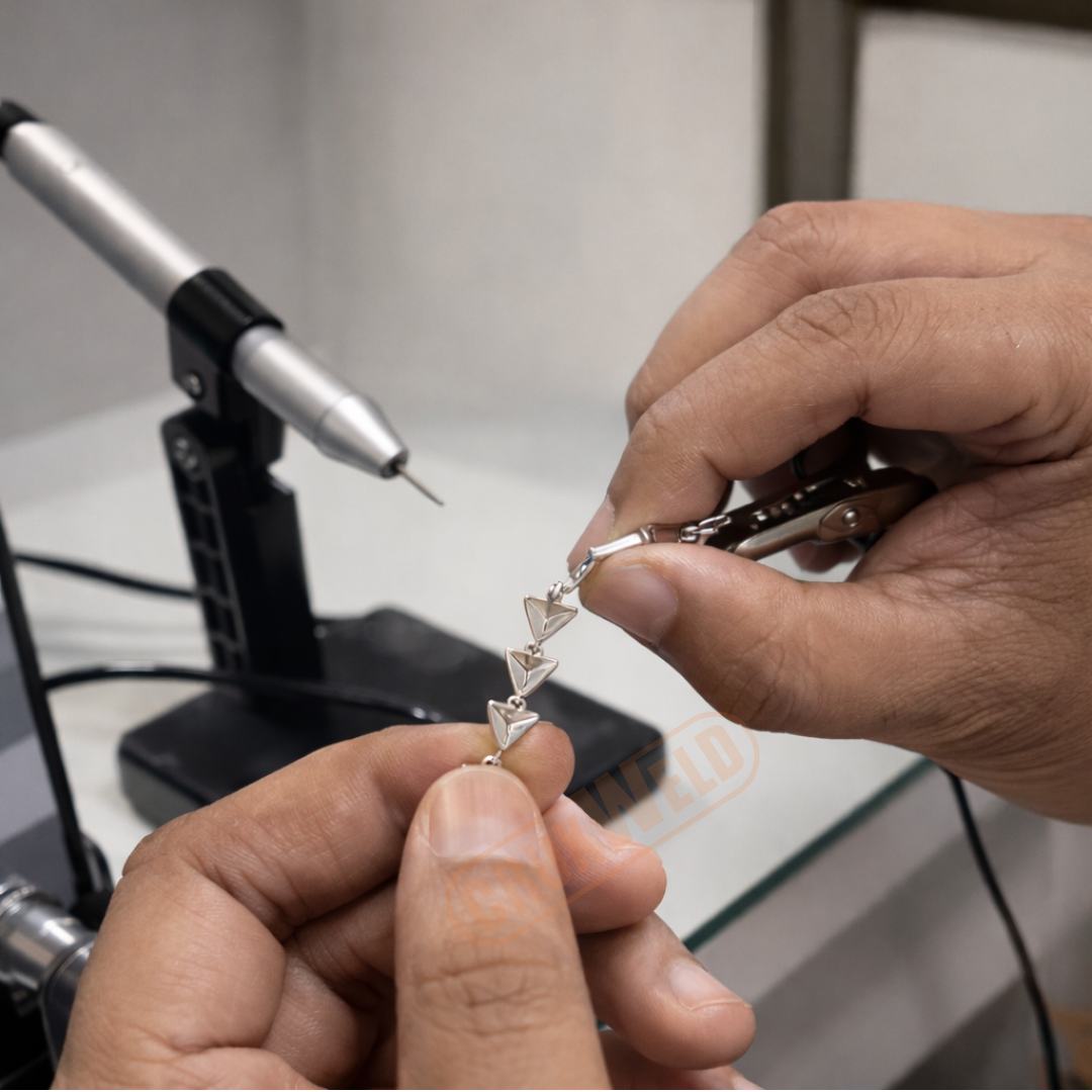 Jeweller touching a ring to the PulseGem 100 welding handle tip
