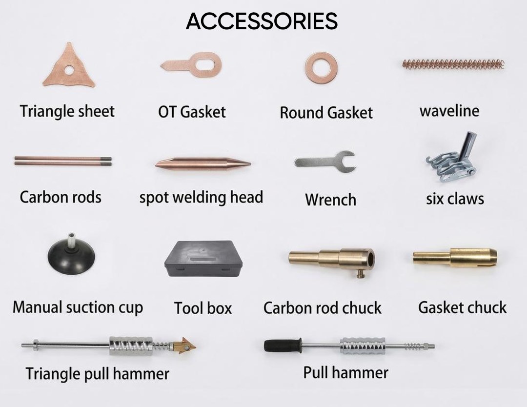 DentPro 90 accessories: triangle sheet, OT gasket, round gasket, wave line, carbon rods, spot welding head, chucks, six claws, pull hammers, suction cup, wrench and tool box