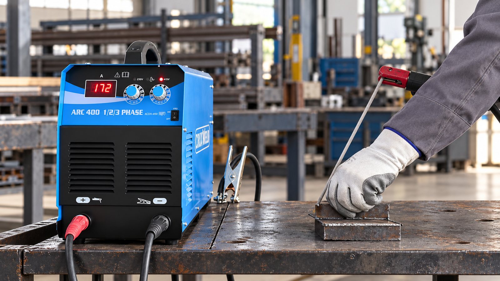 TriPhase 400iS 400 amp single phase welding machine on a workshop bench showing 172 A on 415 V