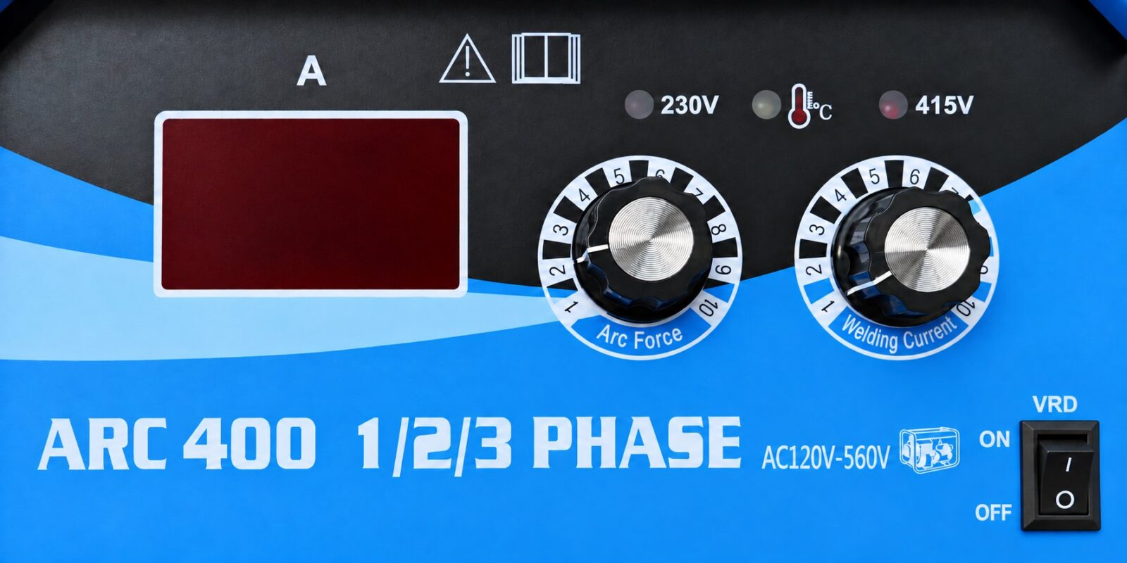 TriPhase 400iS front panel: digital ammeter, 230 V lamp, thermal lamp, 415 V lamp, Arc Force knob, Welding Current knob, generator-ready mark and VRD on/off switch