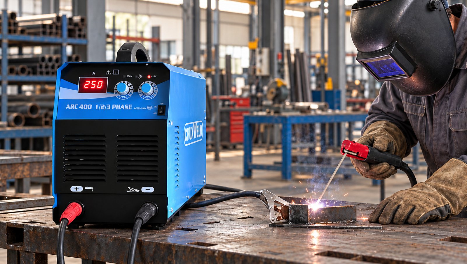 Welder using the TriPhase 400iS 400 amp single phase welding machine for stick welding on a steel bench
