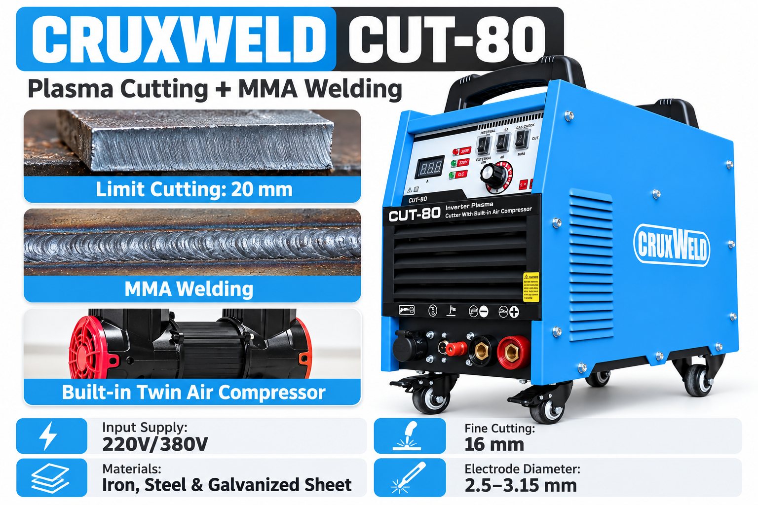 CRUXWELD FINELINE 80IC 80 amp plasma cutter: plasma cutting, MMA welding, built-in twin air compressor, 220 V / 380 V input