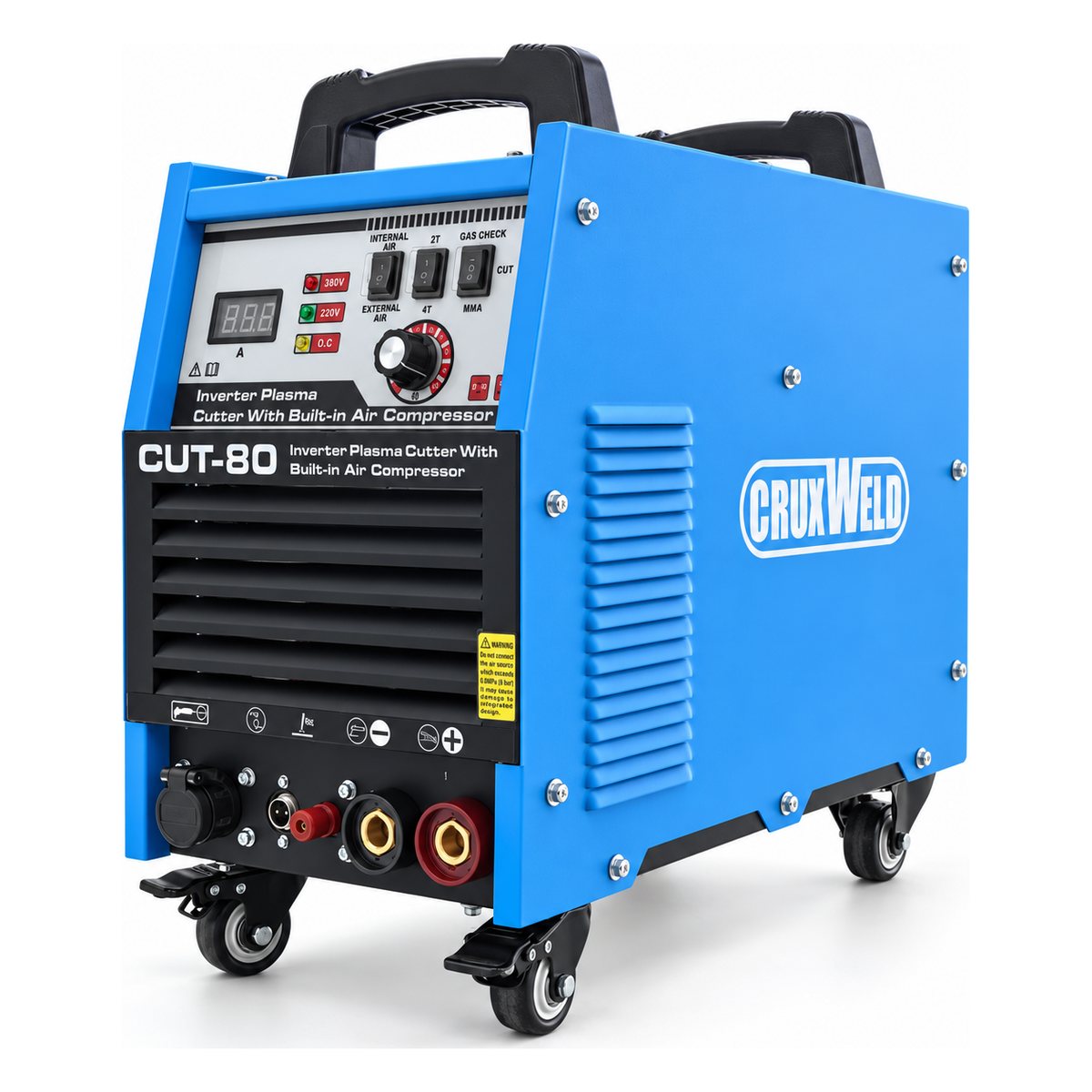 FINELINE 80IC 80 amp plasma cutter on castor wheels, front angle