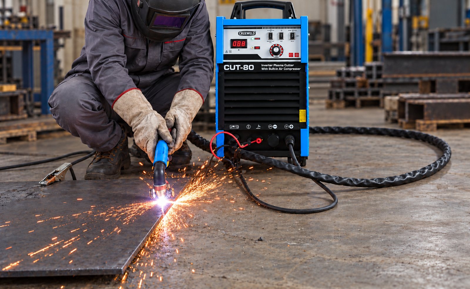 Cutting mild steel plate with the FINELINE 80IC 80 amp plasma cutter and a roller guide