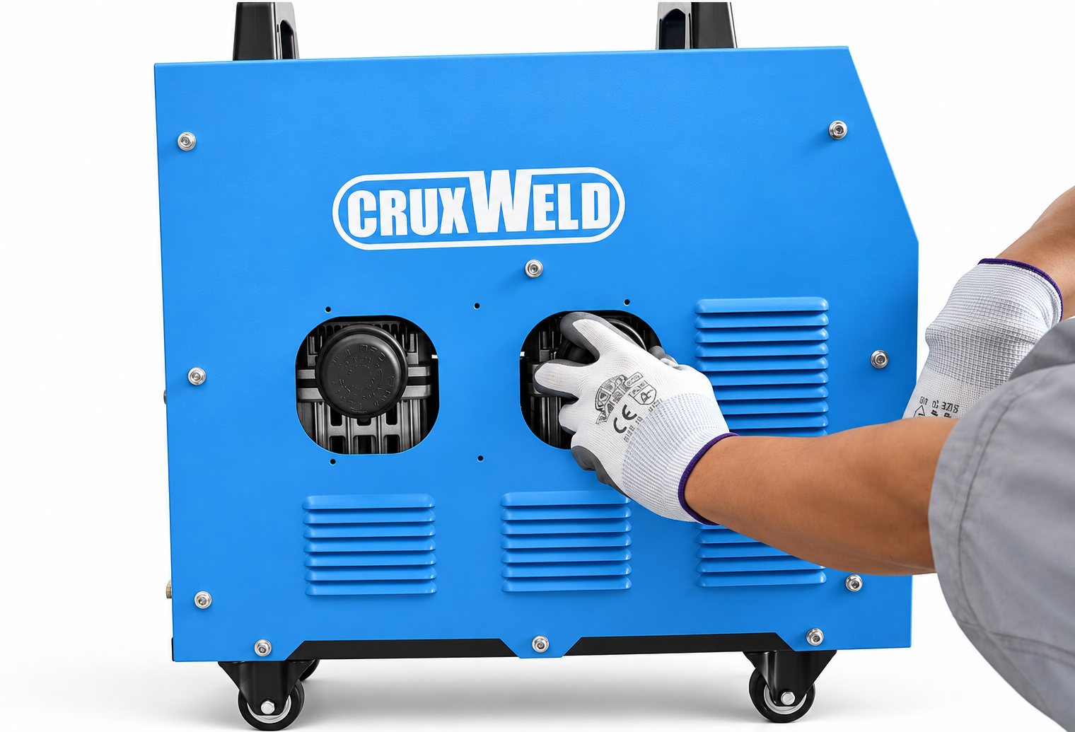 Built-in twin air compressor inside the FINELINE 80IC 80 amp plasma cutter, side view
