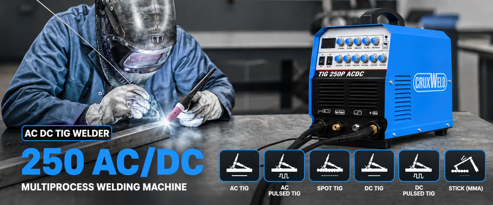 iTIG250ACDC aluminium TIG welding machine, 250 A multiprocess with AC TIG, AC pulse, spot TIG, DC TIG, DC pulse and MMA