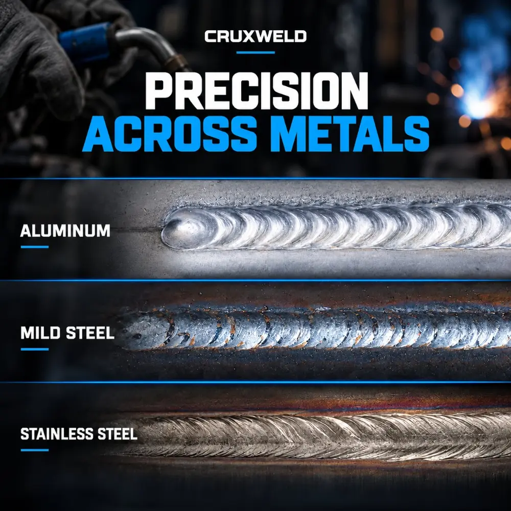 TIG weld beads on aluminium, mild steel and stainless steel made with the iTIG250ACDC