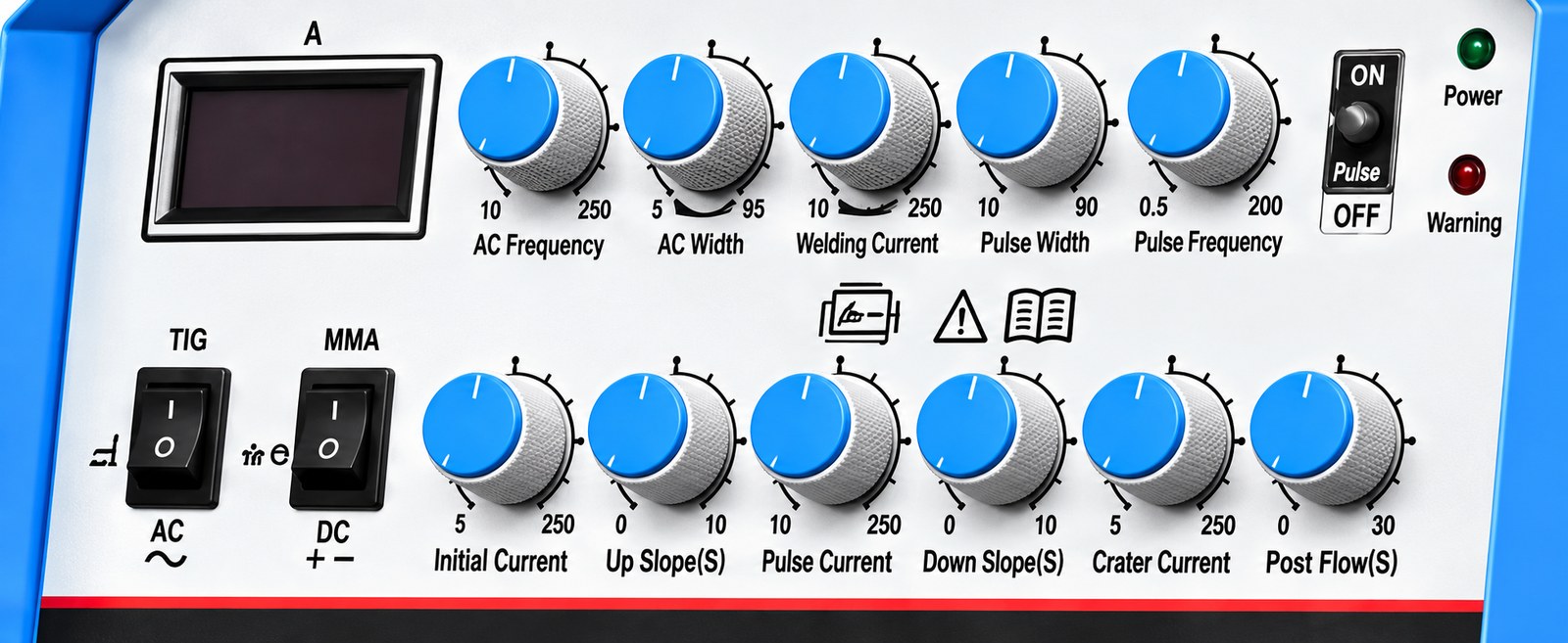 iTIG250ACDC control panel: display, AC frequency, AC width, welding current, pulse width, pulse frequency, process switches, initial current, up slope, pulse current, down slope, crater current and post-flow