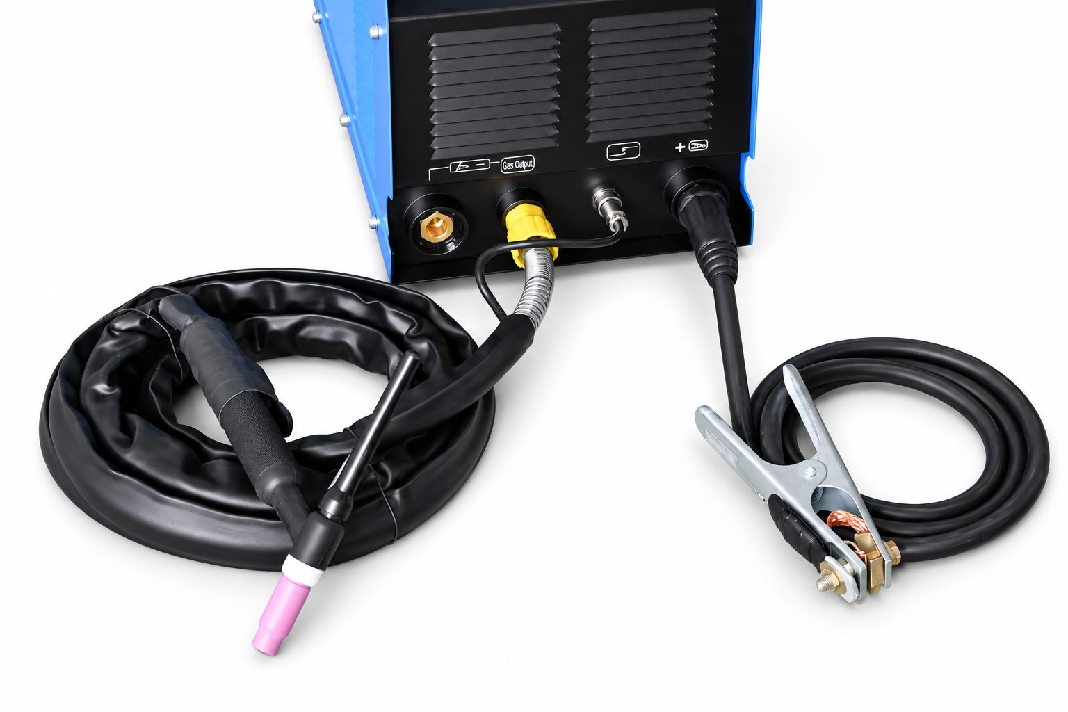 TIG torch and earth clamp connected to the iTIG250ACDC