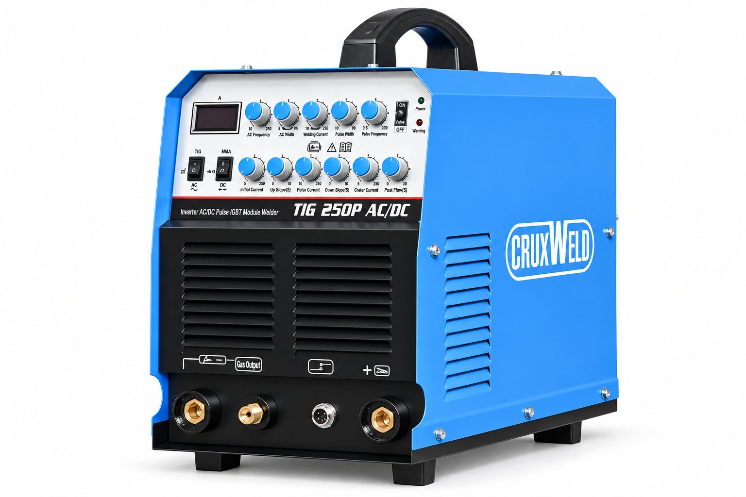 CRUXWELD iTIG250ACDC aluminium TIG welding machine, front view with control panel
