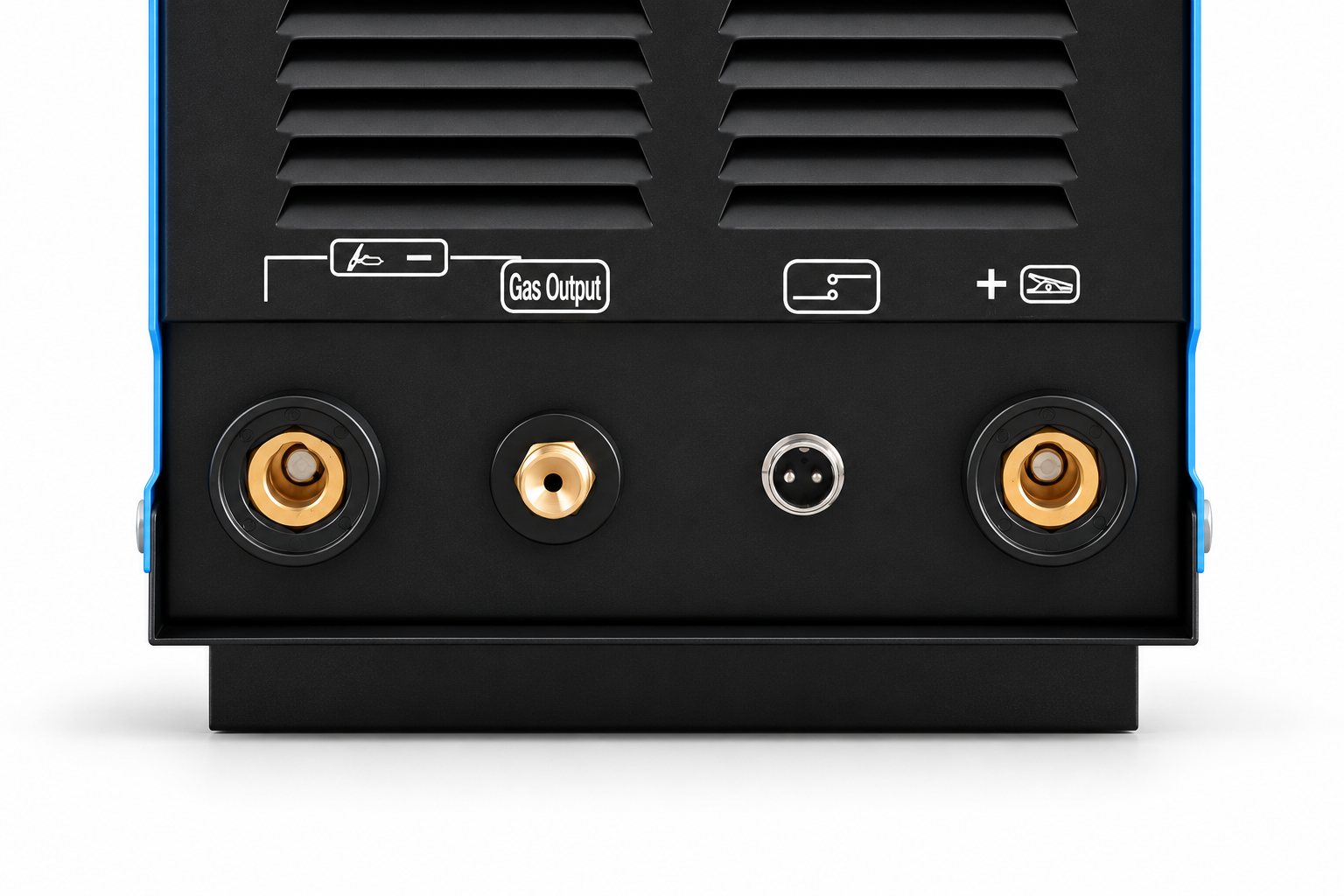 Front connections of the iTIG250ACDC: torch terminal, gas output, torch switch socket and work terminal