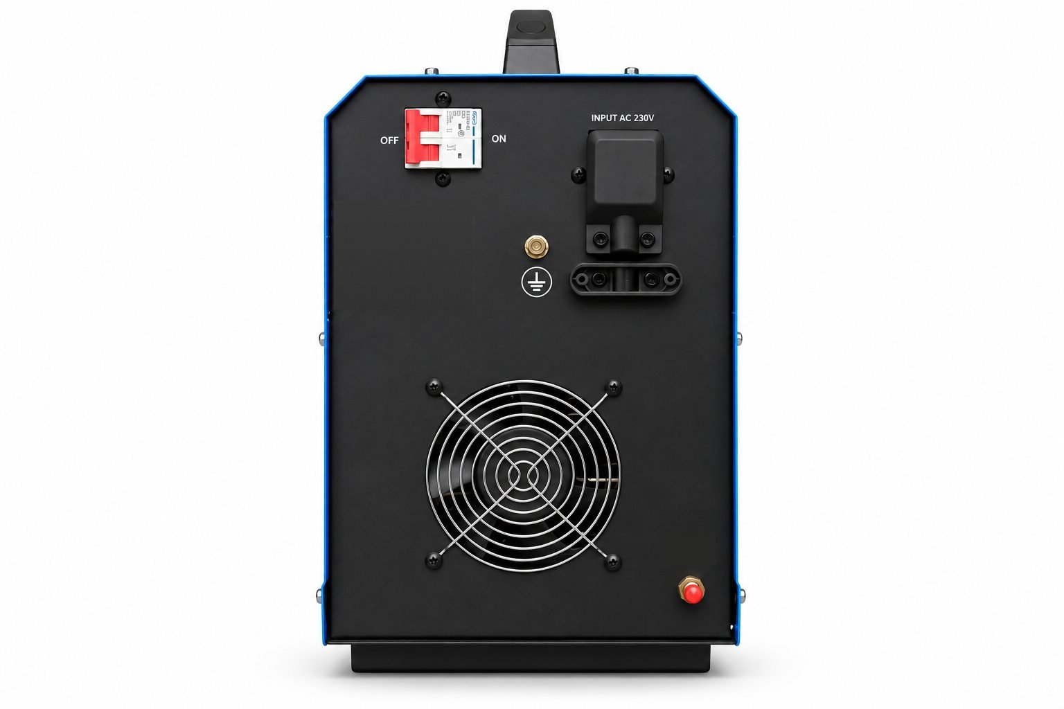 Rear panel of the iTIG250ACDC with main switch, power input, earth terminal and cooling fan
