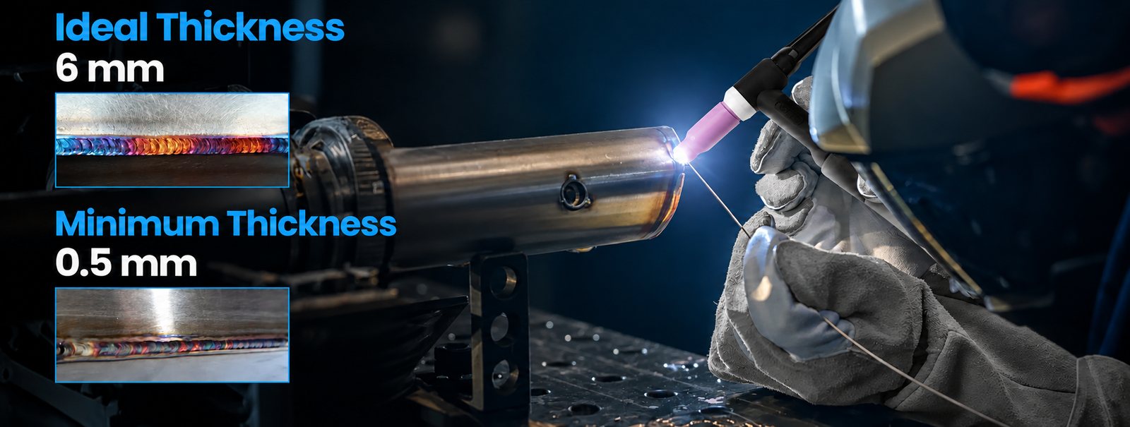 TIG welding thickness: minimum 0.5 mm, ideal 6 mm, with the iTIG250ACDC