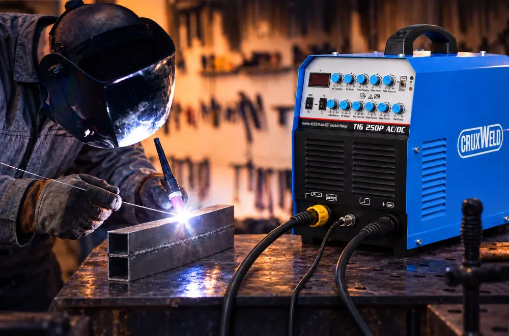 Welder TIG welding square steel tube with the iTIG250ACDC in a workshop