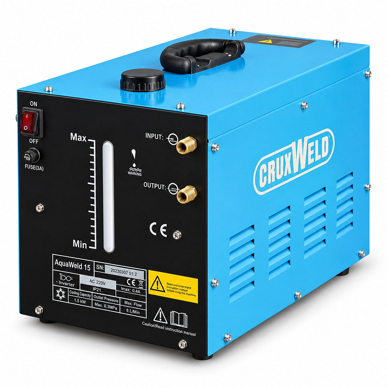 AquaWeld 15 water cooling unit – side view with ventilation louvres and carry handle
