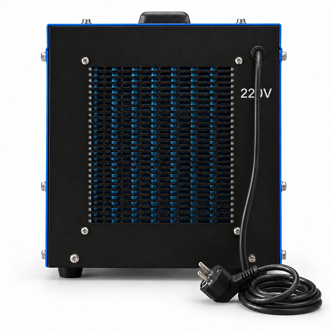 Rear of the AquaWeld 15 water cooling unit – copper condenser coil, fan grille and 230 V mains lead