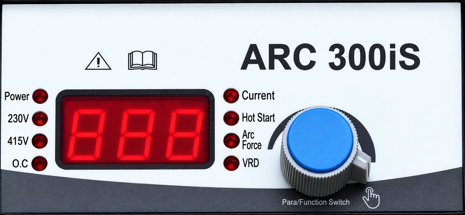 ARC 300 welding machine control panel: Power, 230V, 415V, O.C lamps, digital display, Current, Hot Start, Arc Force, VRD and Para/Function switch