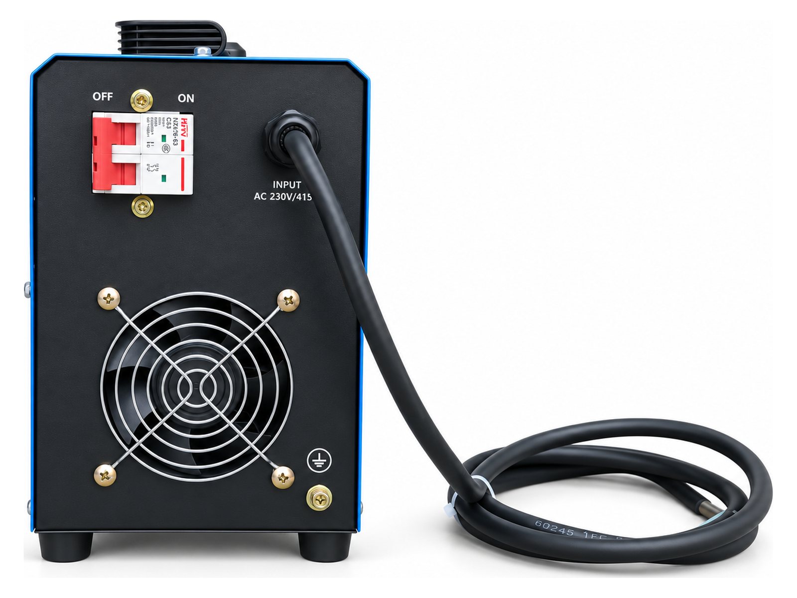 ARC 300 welding machine rear panel with MCB on off switch, AC 230V/415V input cable, cooling fan and earth stud