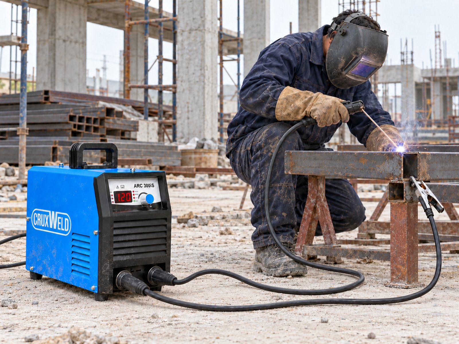 Welder using the ARC 300 welding machine on structural steel at a construction site