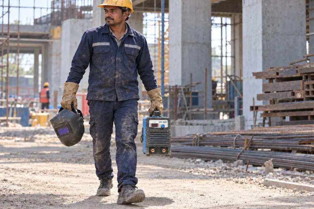 Welder carrying the ARC200iS 200A inverter welding machine across a construction site
