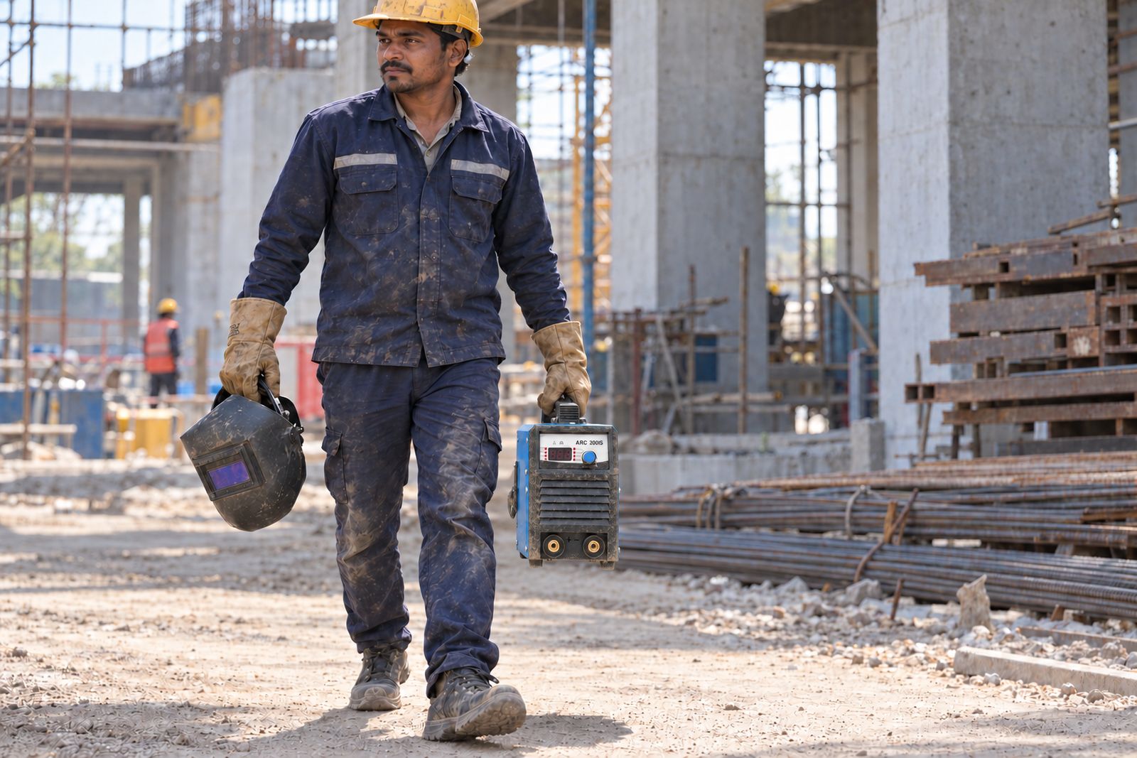 Welder carrying the ARC200iS 200A inverter welding machine across a construction site