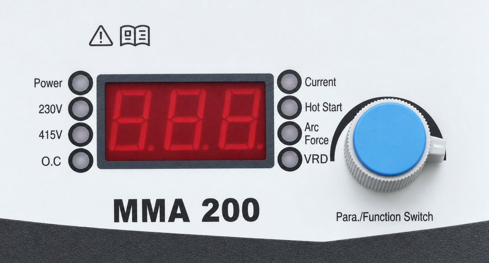ARC200iS control panel: Power, 230V, 415V, O.C lamps, display, Current, Hot Start, Arc Force, VRD and Para./Function switch