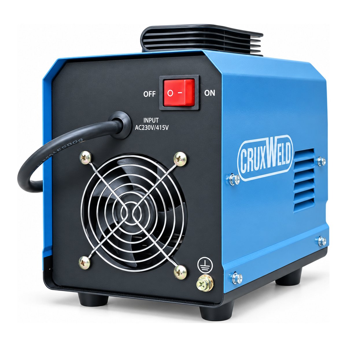 ARC200iS rear panel with on off switch, AC230V/415V input cable, cooling fan and earth stud