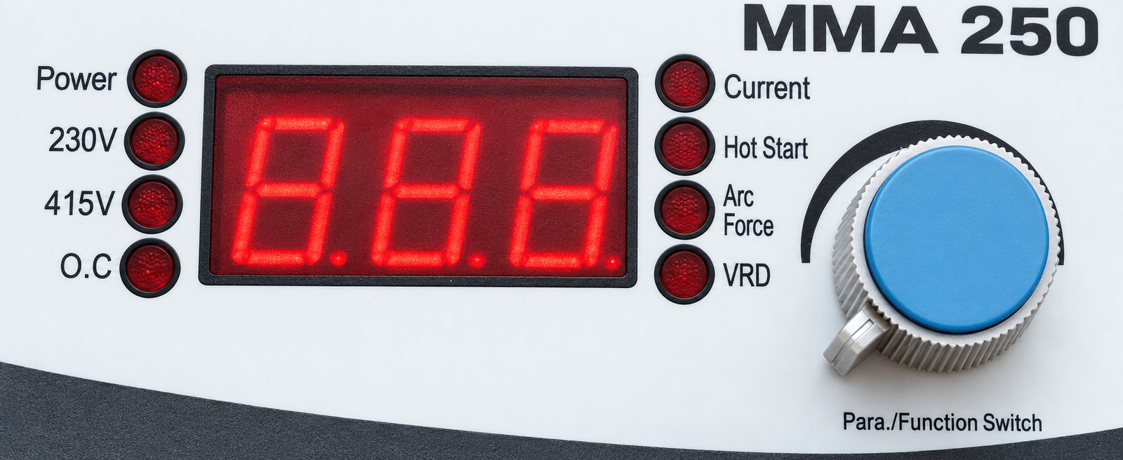 ARC251iS digital control panel: power, 230V, 415V and O.C lamps, display, Current, Hot Start, Arc Force, VRD and parameter knob