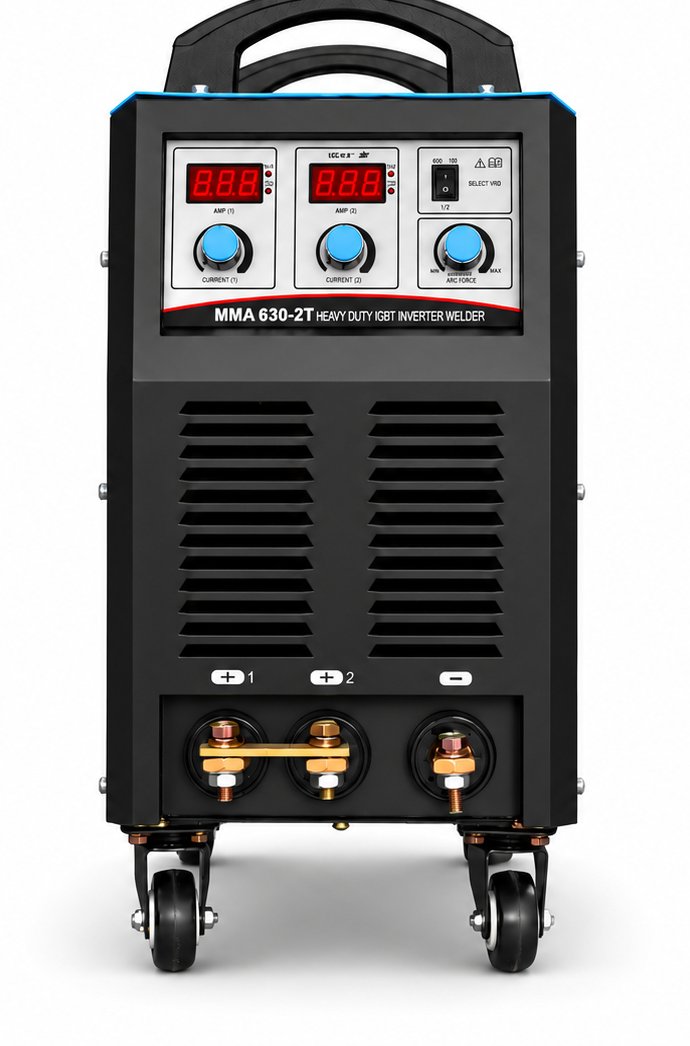 ARC630-2T front panel map with AMP 1 and AMP 2 displays, current knobs, VRD switch, arc force knob and outputs