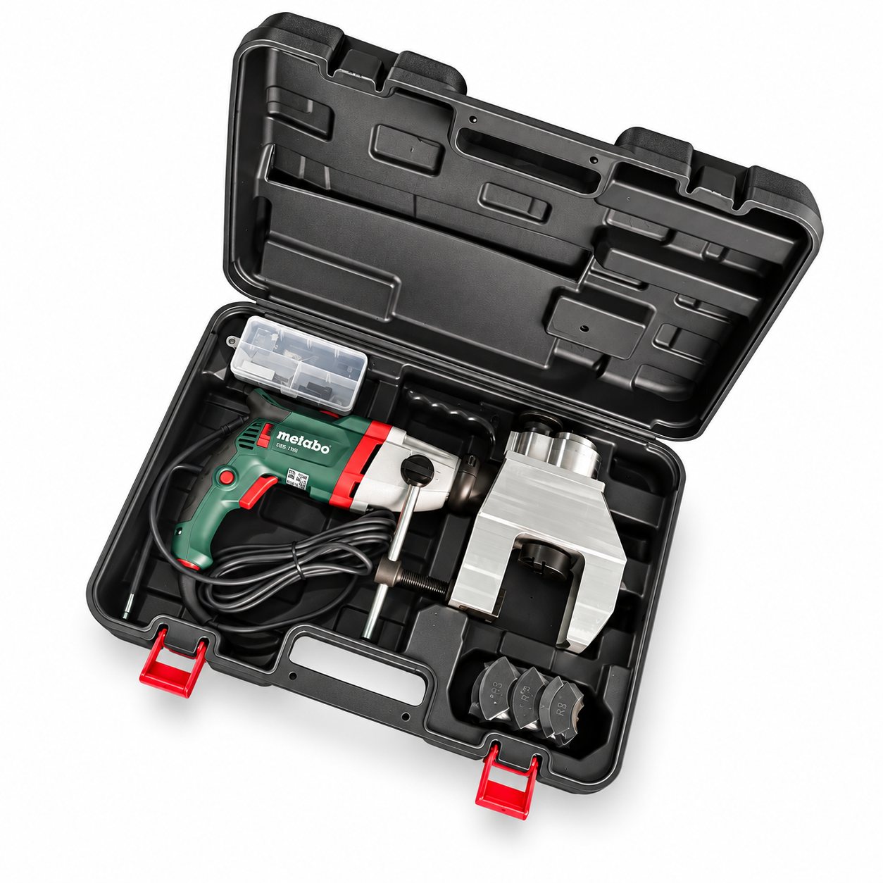 BEVEX 63 pipe beveling machine with clamping blocks in its hard carry case