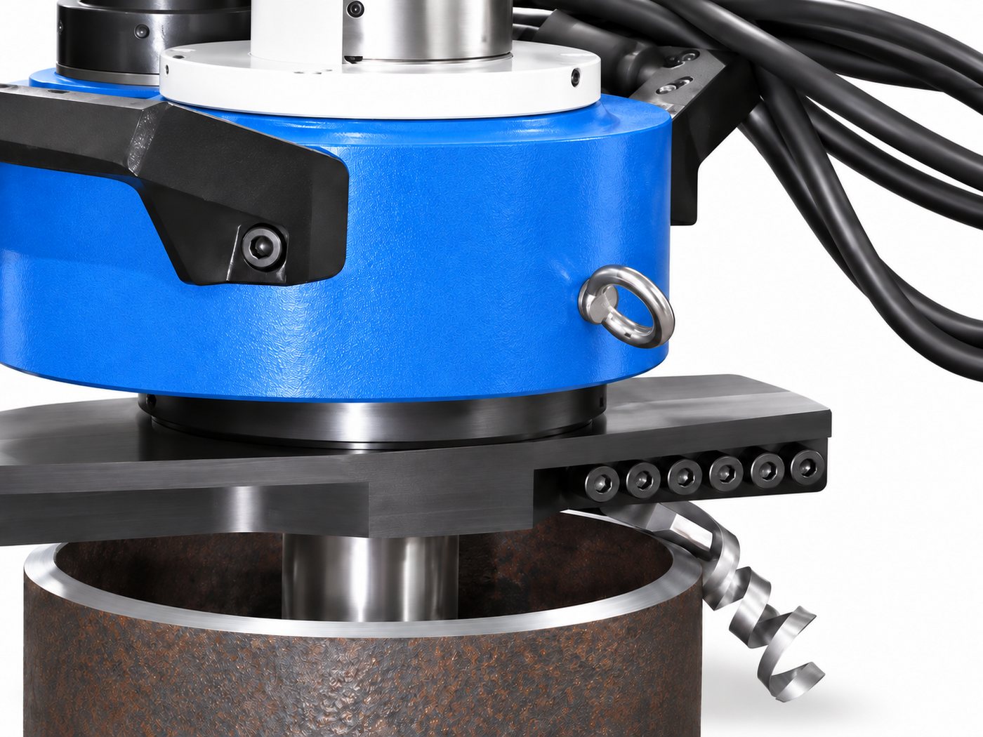 BEVO 240 ID mounted pipe beveling machine cutting a pipe end with a curled chip