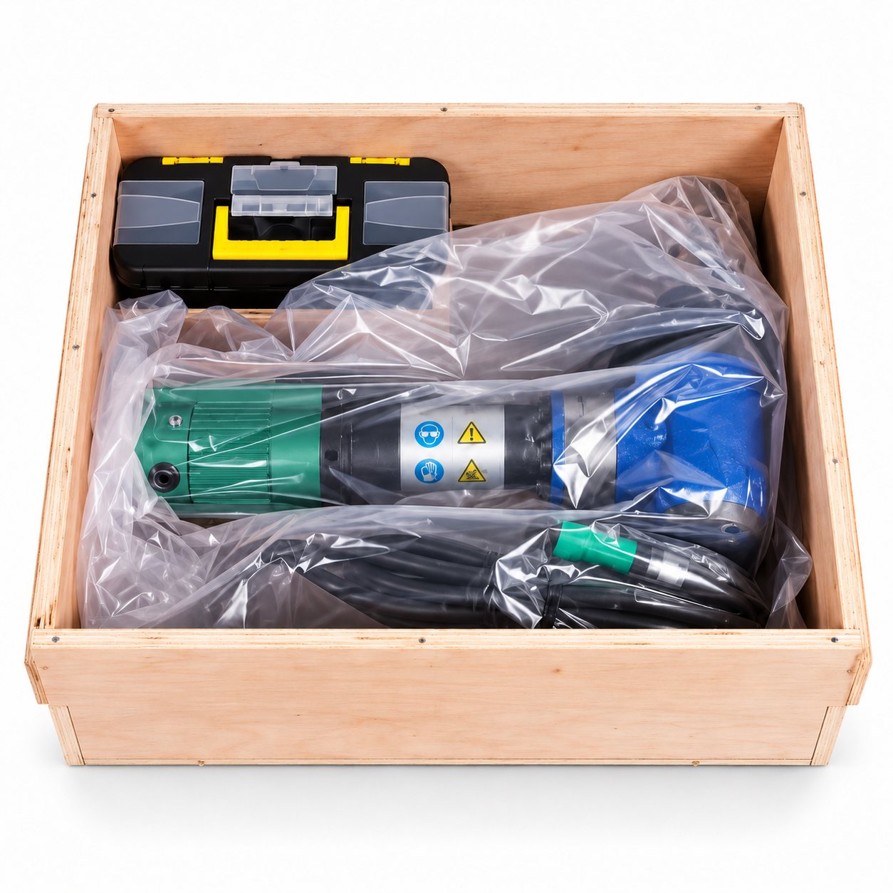BEVO 240 pipe beveling machine packed in a wooden crate with tool box