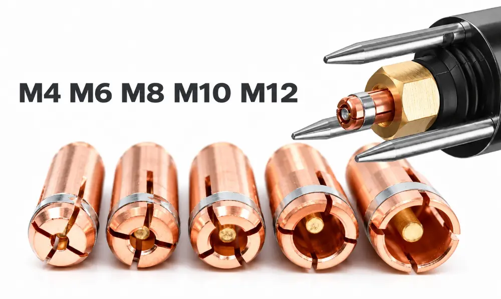 CD stud welding collets for M4, M6, M8, M10 and M12 studs