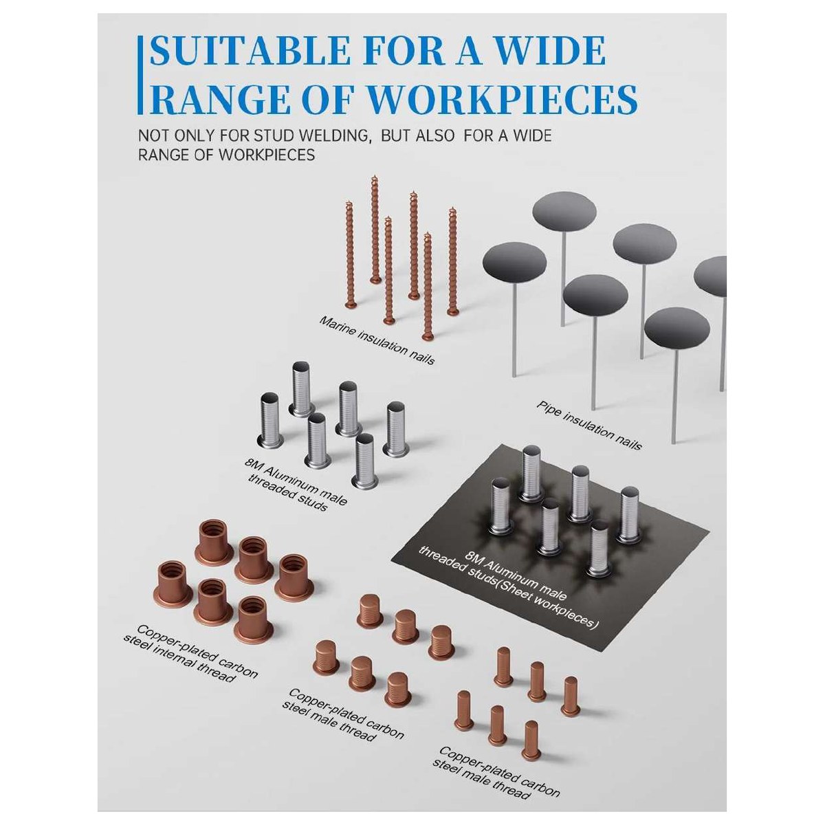 Stud types welded by a CD stud welding machine: threaded studs, insulation pins, nails and bosses