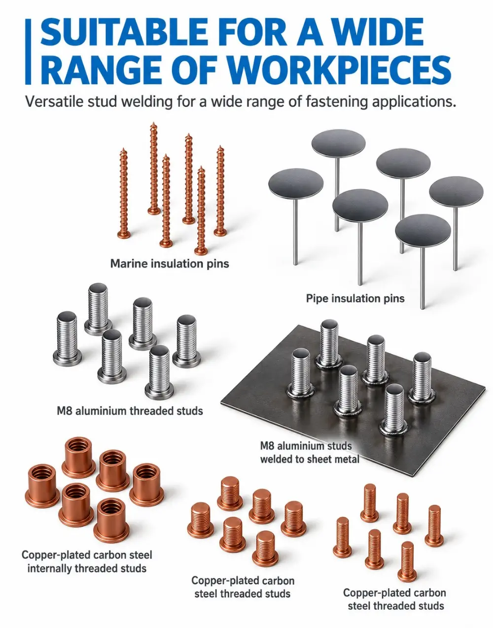 Workpieces for a CD stud welding machine: threaded studs, internally threaded bosses, marine and pipe insulation pins